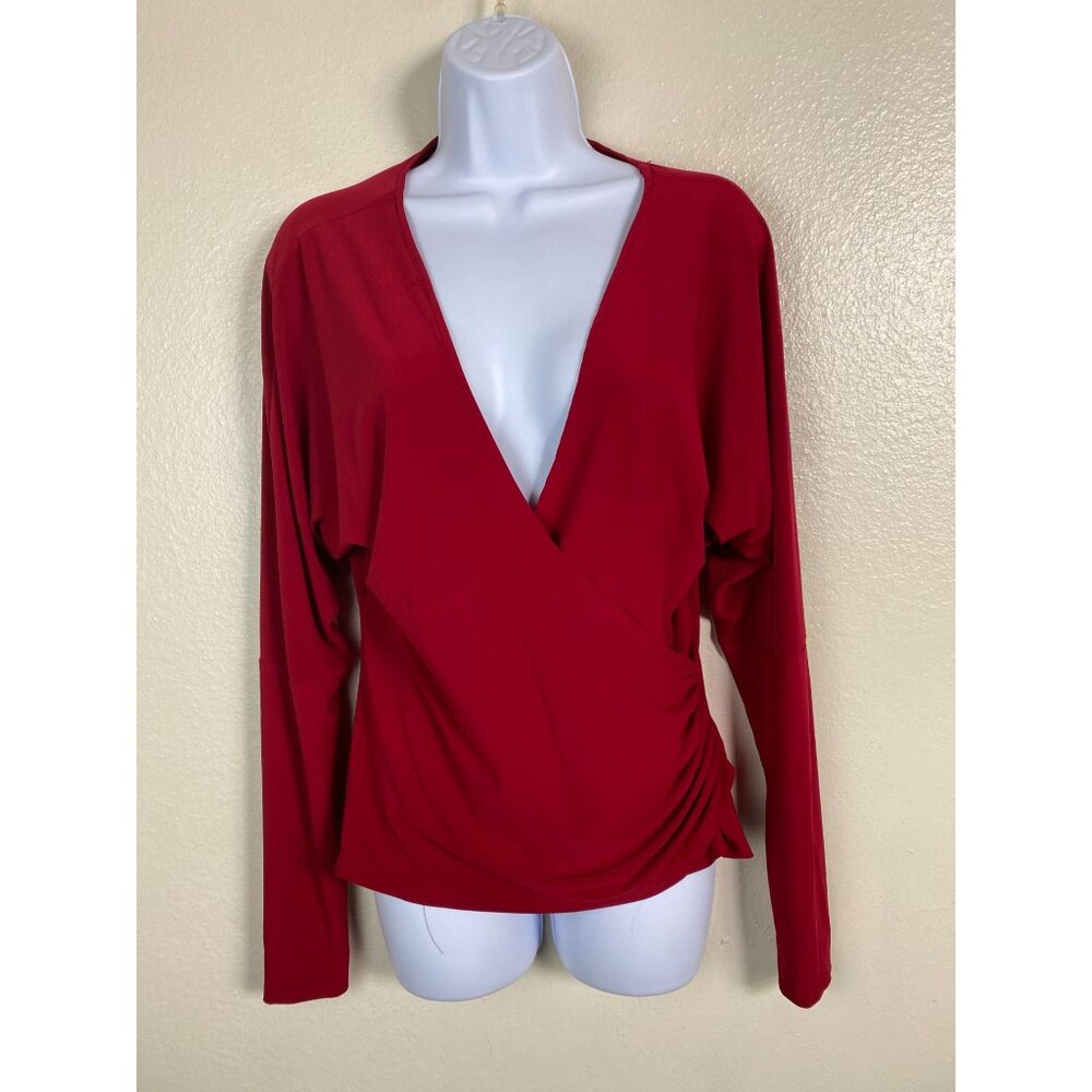 Norma Kamali Red Long Sleeve Women Faux Wrap Top Size Large Stretch Holiday